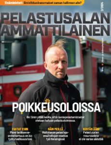 Pelastusalan ammattilainen 2/2024, kannessa pelastusryhmänjohtaja Aki Sirén paloauton edessä