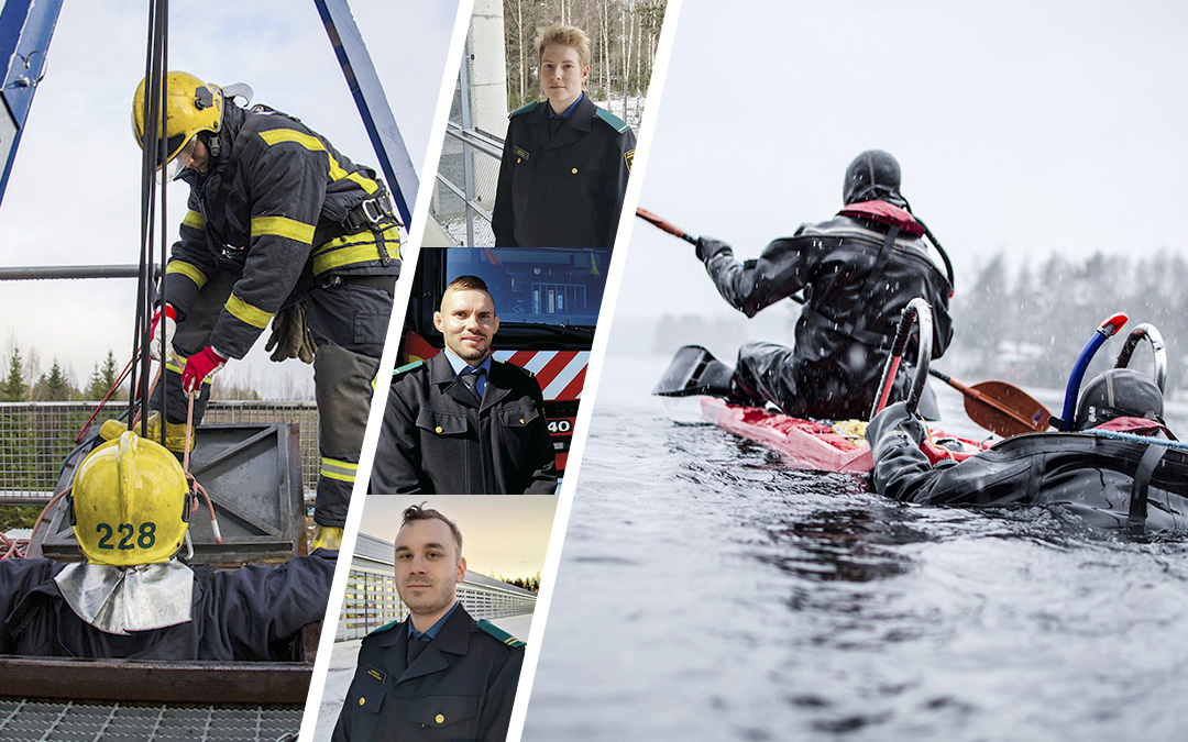 Kuvakollaasi, jossa kaksi kuvaa pelastajaopiskelijoista harjoituksissa sekä kolme lähikuvaa pelastajaopiskelijoista.